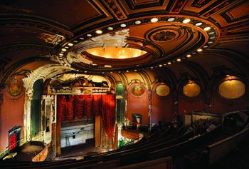A photo of the inside of Baltimore’s Parkway Theatre, with its impressive and old ceiling